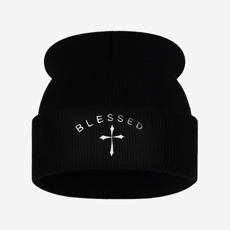 Beanie Cuffed Knit - 祝福の十字架刺繍入りビーニー、冬用折り返しニット帽、男女兼用暖かいストリートウェアキャップ、日常のアウトドアウェア