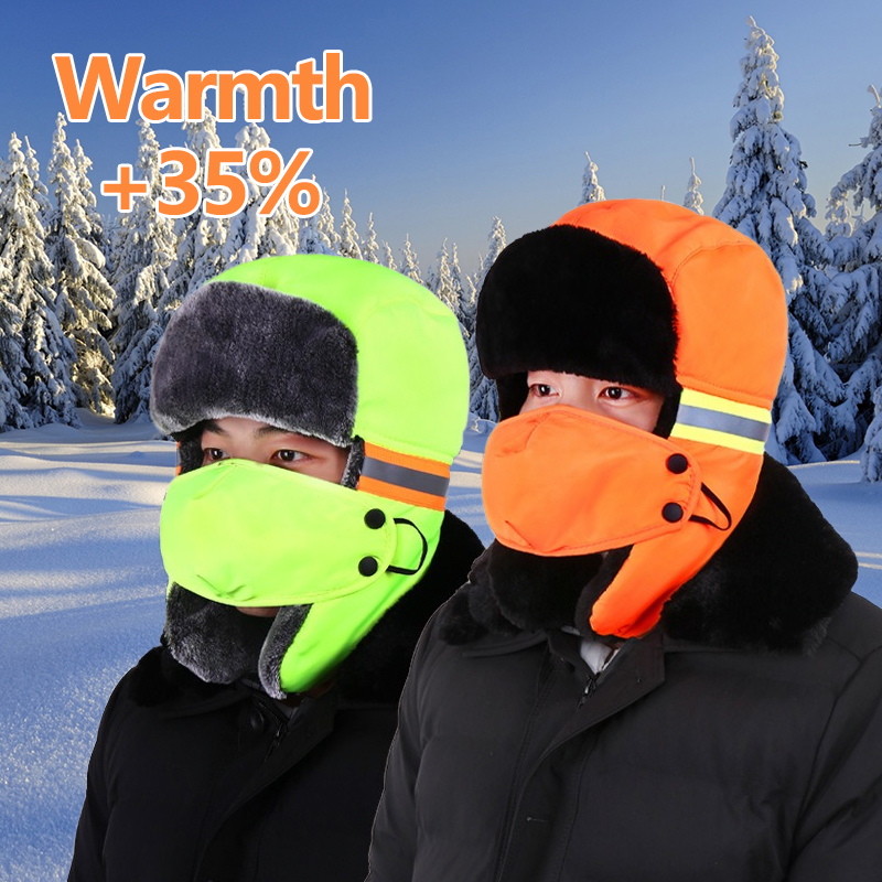 Trapper Hat Ear Flap - 冬用トラッパーハット 耳当て付き オレンジ＆蛍光グリーン 反射ビーニー アウトドア作業 ハンティング