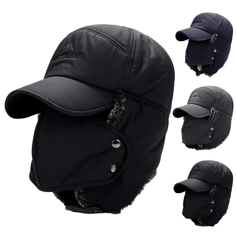 Trapper Hat Ear Flap - 冬用ファー暖かい防風帽子 男女兼用 雷鋒帽 ボンバーフェイクファー耳当て付き帽子 ブラック スキー帽