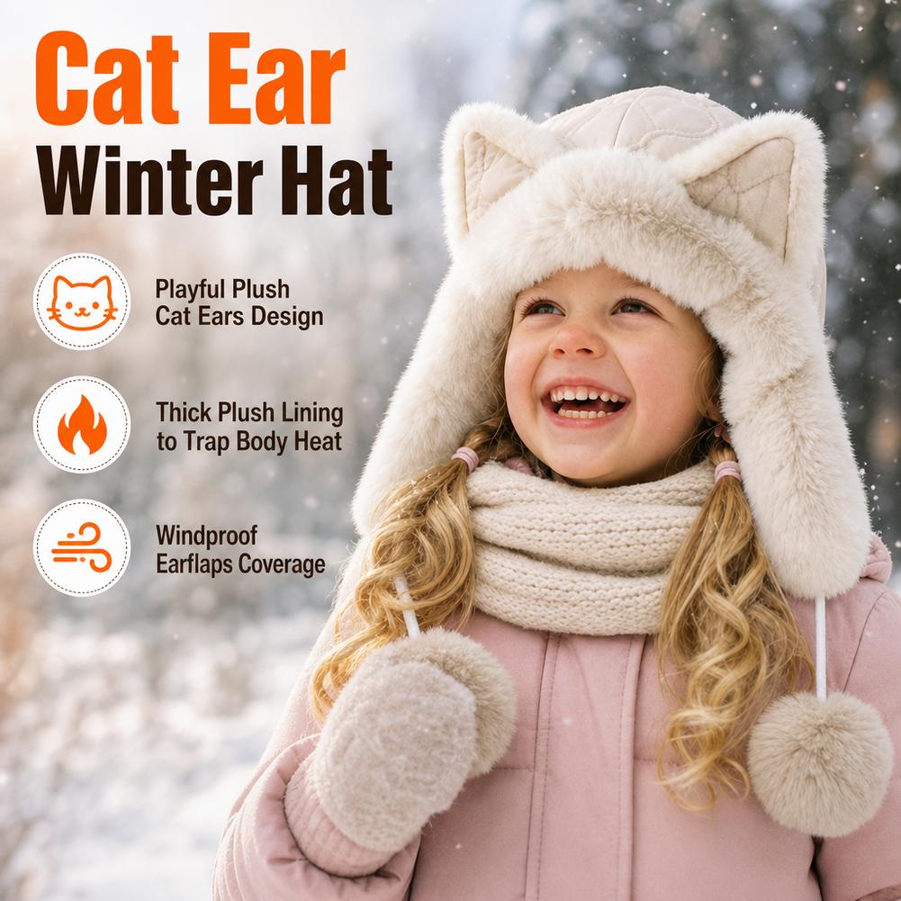 Winter Trapper Hat - 豪華なキツネの耳付き冬用トラッパーハット、保温性と防風性を備え、ポンポンで装飾、56cmの頭囲に適しています、折りたたみ式軽量暖かい帽子