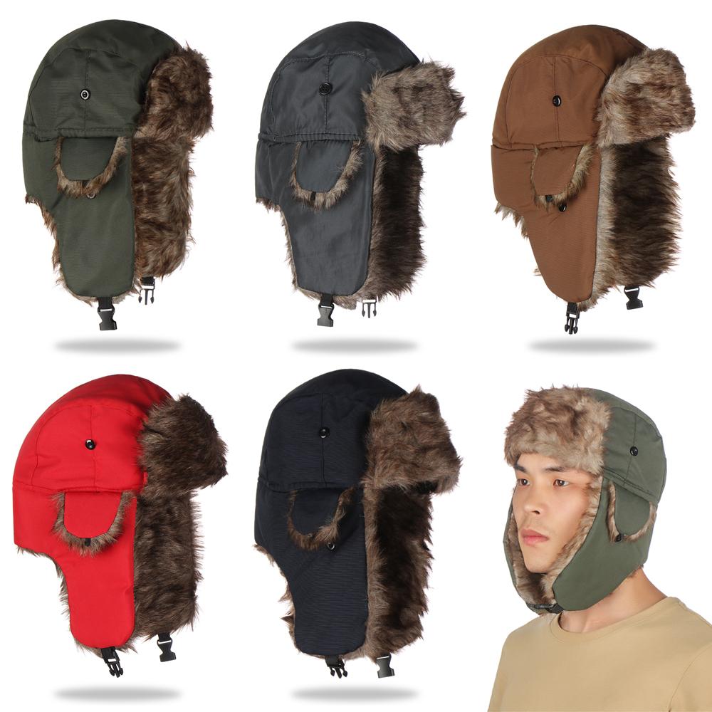 Trapper Hat Ear Flap - 暖かい冬用ファー耳当て付きスキーハット 男女兼用 トラッパーハット ロシア風ウシャンカ帽子