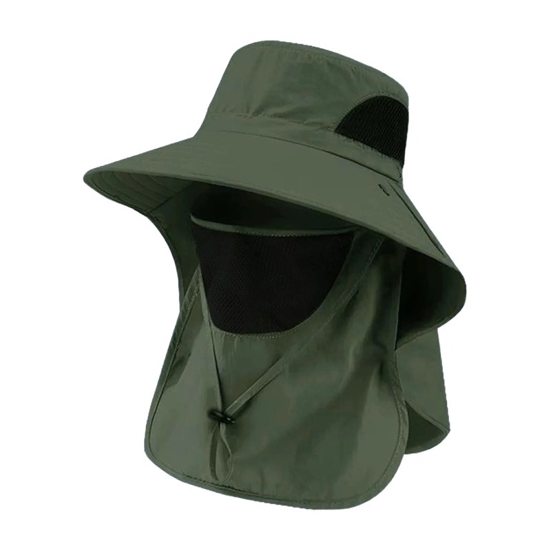 Sun Hat Wide Brim - ポリエステル製サンフィッシングハット ネックカバー付き つば広 UVカット 通気性あり あご紐付き