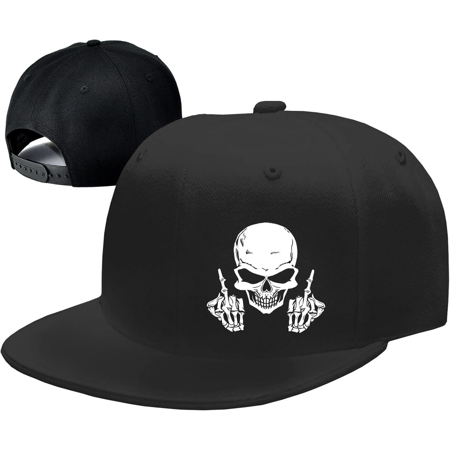 Snapback Hat Flat - スカル中指スナップバックハット男性用フラットビルハット男性用ブラックスカルキャップ野球帽