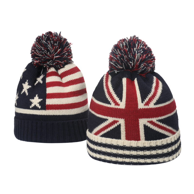Beanie Cuffed Knit - ユニセックス冬用ビーニー カフ付きニット暖かい帽子 イギリスアメリカ国旗デザイン 男女兼用 ユース ボーイズ
