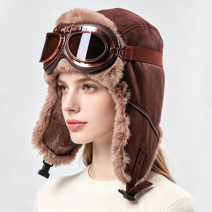 Winter Trapper Hat - ヴィンテージアビエイターハット、ゴーグル付き、厚手の裏地付き、防風パイロットキャップ、トローパー・トラッパーハット、男女兼用、冬のサイクリングやスキーに最適