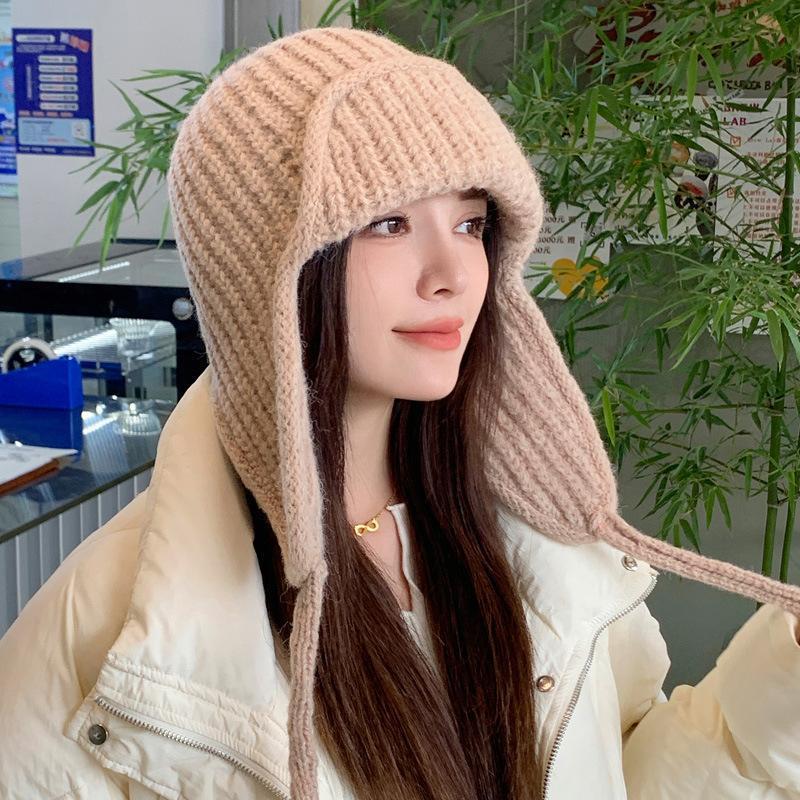 秋冬ニット耳当て付きビーニー帽 レディース 厚手暖かいトラッ - Trapper Hat Ear Flap のレビューと価格