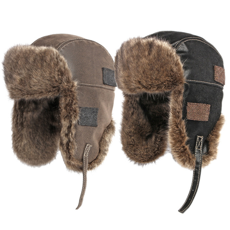 男性と女性のための厚い革の冬の帽子,ウールのキャップ,防風, - Winter Trapper Hat のレビューと価格